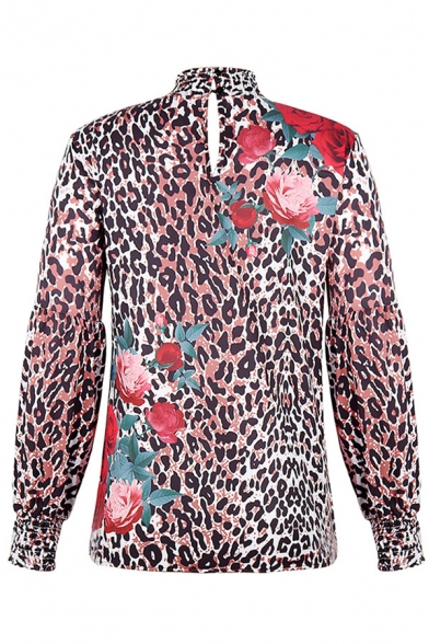 Fashionable Womens Blouson Sleeve Mock Neck Floral Leopard Patterned Cut Out Back Relaxed Fit Blouse Top