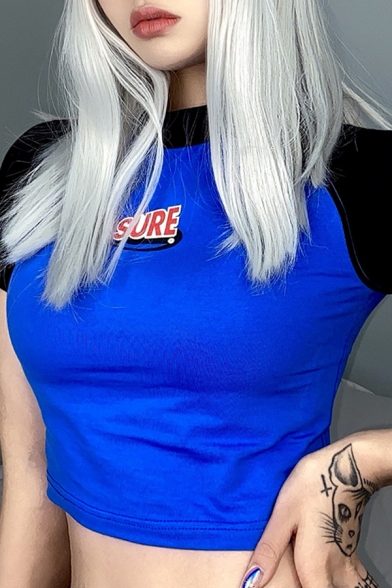 Fashionable Womens Blue Short Sleeve Crew Neck Letter SURE Print Colorblock Slim Fit Crop T-Shirt