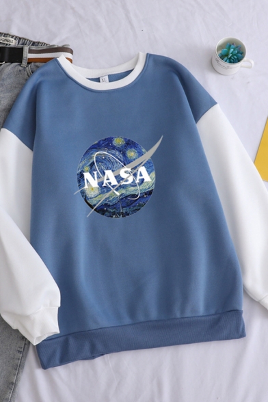 Fashionable Womens Long Sleeve Round Neck Letter NASA Print Colorblock Relaxed Pullover Sweatshirt