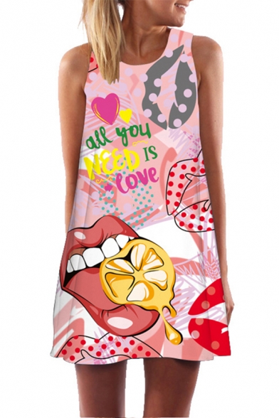 Girls Fashionable Sleeveless Round Neck Letter ALL YOU NEED IS LOVE Lip Heart Graphic Mini A-Line Tank Dress