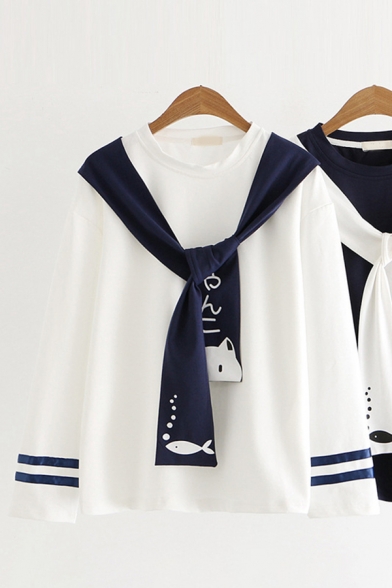 Harajuku Girls Long Sleeve Round Neck Japanese Letter Cat Fish Print Tied Front Varsity Stripe Loose Tee