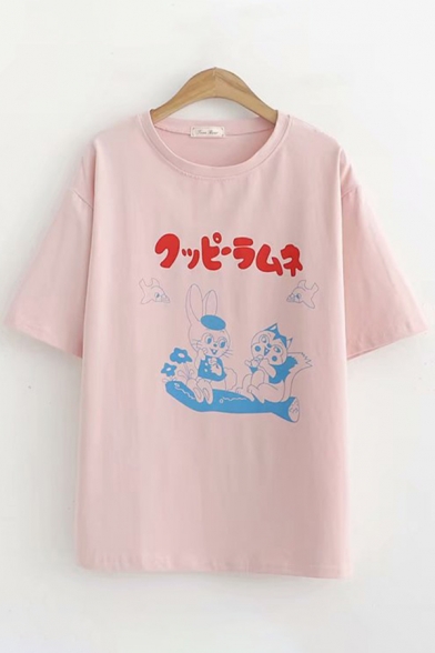 Leisure Cute Girls Short Sleeve Round Neck Japanese Letter Cat Rabbit Graphic Relaxed T Shirt