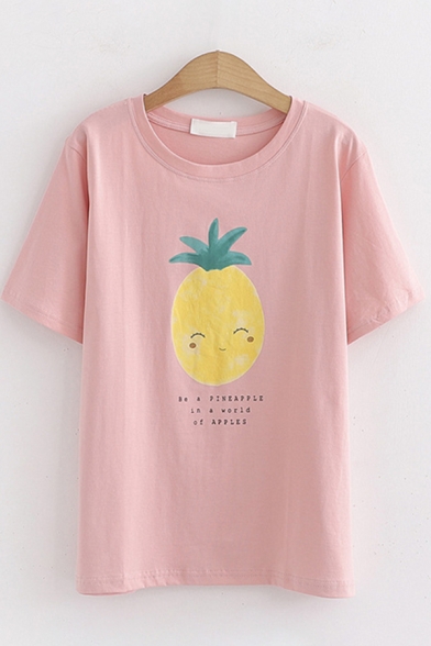 Popular Womens Short Sleeve Round Neck Pineapple Printed Relaxed Fit T-Shirt