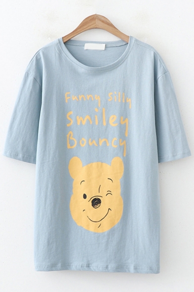 Preppy Girls Short Sleeve Round Neck Letter FUNNY SILLY SMILEY BOUNCY Bear Graphic Loose Fit T Shirt