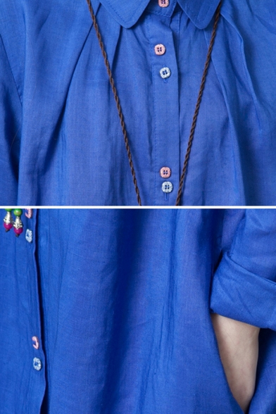 Retro Style Simple Rolled Long Sleeve Lapel Neck Button Down Ruched Linen Long Plain Oversize Shirt Dress