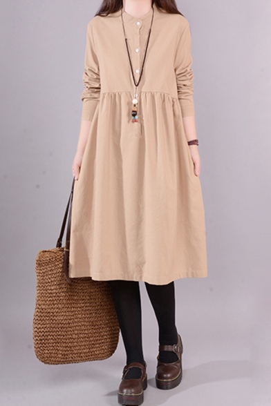 Retro Style Womens Long Sleeve Stand Collar Button Up Solid Color Mid Length Pleated Swing Shirt Dress