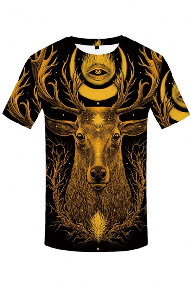 Stylish Mens Short Sleeve Round Neck Deer Eye 3D Printed Relaxed Fit T-Shirt in Black