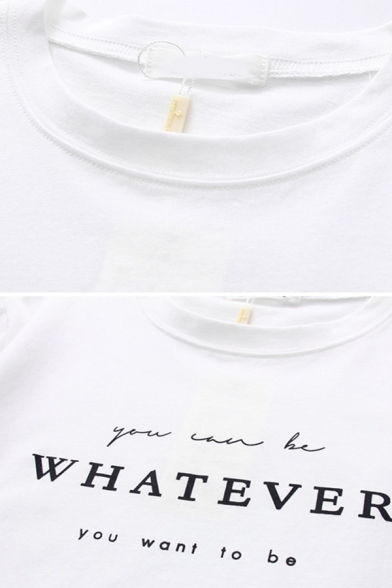 White Simple Short Sleeve Crew Neck WHATEVER Letter Print Relaxed T Shirt for Girls
