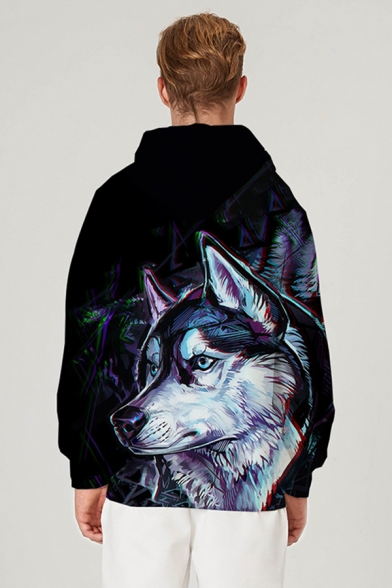 Black Stylish Long Sleeve Drawstring Zipper Front Anime Wolf 3D Printed Loose Fit Hoodie for Boys