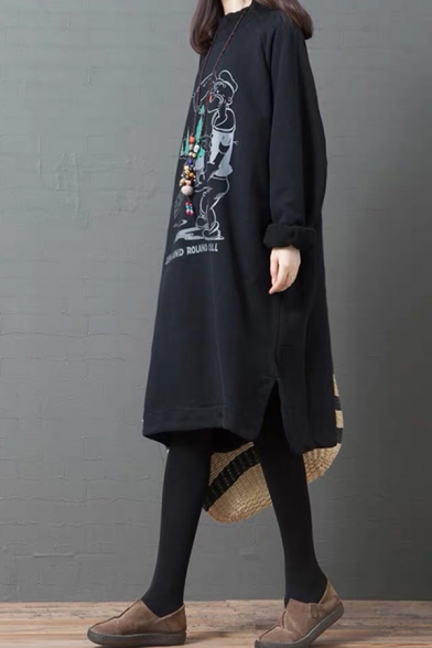 Casual Fashion Long Sleeve Crew Neck Cartoon Letter Graphic Slit Sides Sherpa Lined Long Oversize Dress in Black