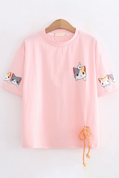 Casual Girls Short Sleeve Round Neck Cat Printed Bow Tie Relaxed Fit T-Shirt