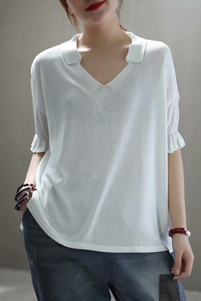 Casual Womens Short Sleeve Lapel Neck Ruffled Trim Knitted Linen Slit Side Relaxed Plain T Shirt