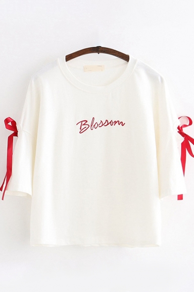 Chic Trendy Girls Bow Tied Sleeves Round Neck Letter BLOSSOM Embroidery Loose T-Shirt