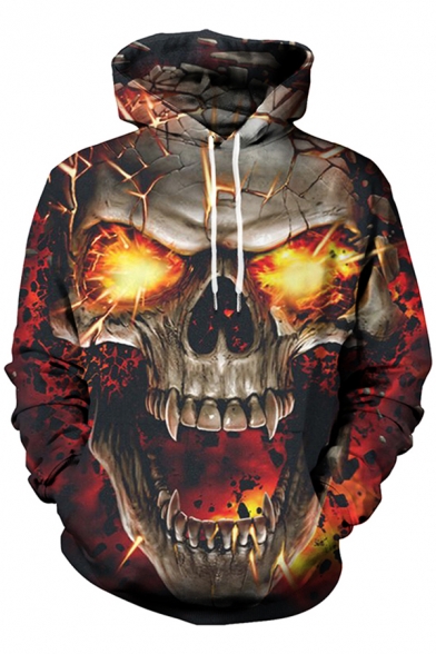 Cool Fashion Long Sleeve Drawstring Skull Flame 3D Pattern Loose Fit Hoodie in Gold