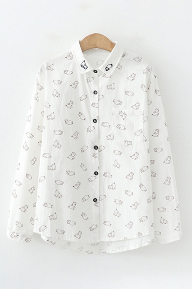 Cool Lovely Girls Long Sleeve Lapel Collar All Over Pig Embroidered Button Up Curved Hem Relaxed Fit Shirt