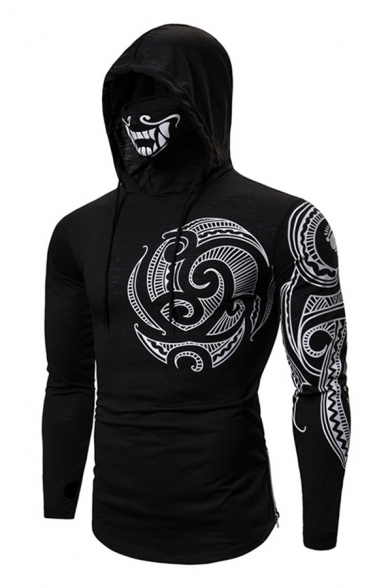 Cool Mens Long Sleeve Drawstring Hooded Floral Print Stretchy Fitted Ninja T Shirt