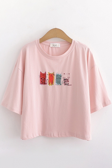 Cute Fashion Three-Quarter Sleeve Round Neck Cartoon Cat Printed Regular Fit T-Shirt