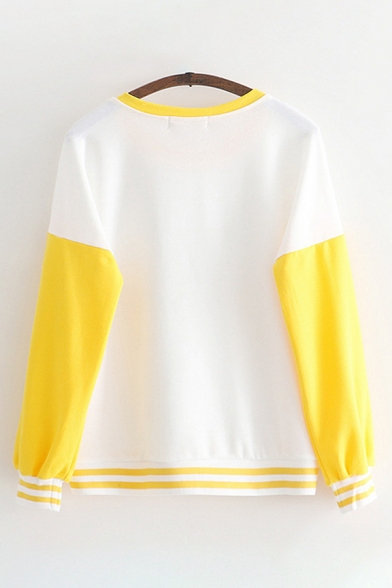 Cute Girls Long Sleeve Round Neck Letter LOVELY BEAR Graphic Striped Color Block Relaxed Fit Pullover Sweatshirt in White