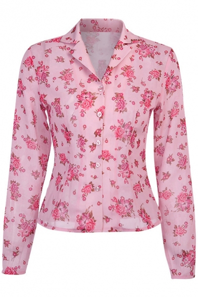 Fancy Ladies Pink Long Sleeve Lapel Neck Button Down All Over Floral Printed Slim Fit Shirt