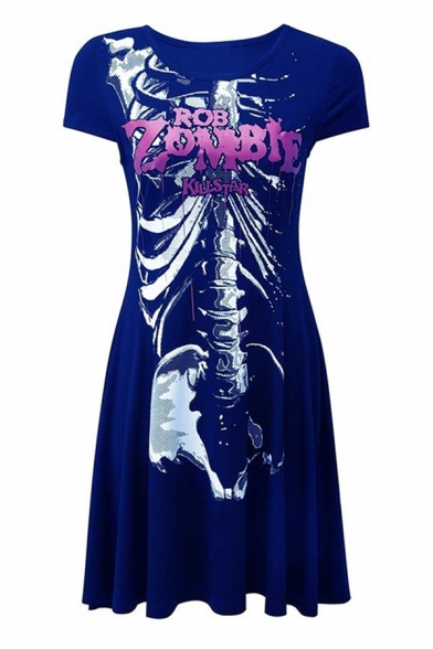 Gothic Girls Short Sleeve Round Neck Letter ROB ZOMBIE Skeleton Graphic Long Pleated A-Line T-Shirt Dress