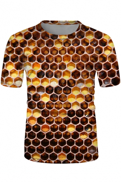 Guys Trendy Brown Short Sleeve Crew Neck Honeycomb 3D Patterned Relaxed Fit Tee Top