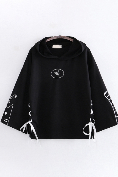 Harajuku Womens Bell Sleeves Chinese Letter Cat Fish Graphic Lace Up Loose Fit Hoodie
