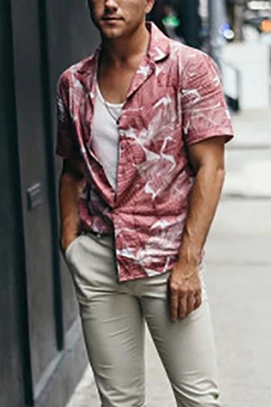 Hot Beach Boys Short Sleeve Lapel Collar Button Down Maple Leaf Allover Printed Relaxed Shirt in Pink