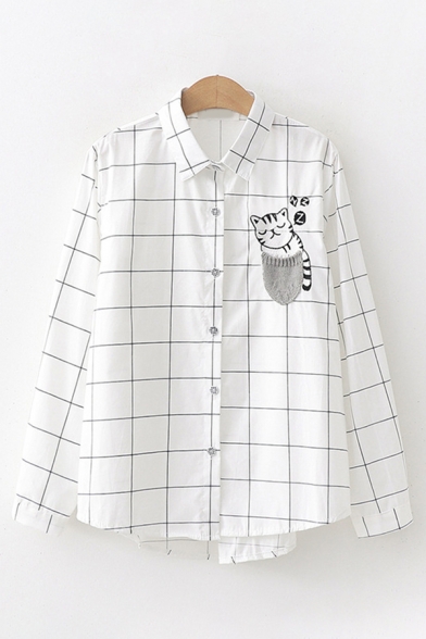 Kawaii Girls White Long Sleeve Lapel Collar Button Down Pocket Cat Embroidered Striped Polka Dot Checker Pattern Curved Hem Relaxed Shirt