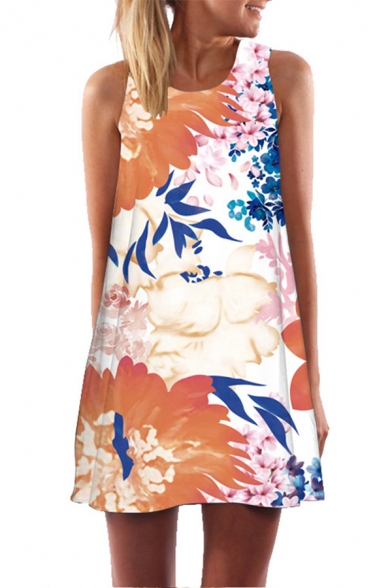 Ladies Popular Sleeveless Round Neck All Over Floral Printed Short A-Line Tank Dress