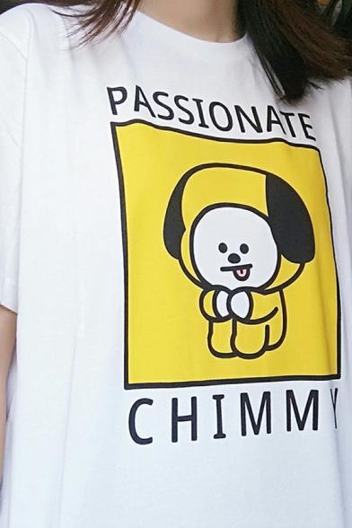 Leisure Cool Boys Short Sleeve Crew Neck Letter PASSIONATE CHIMMY Cartoon Dog Graphic Loose T Shirt