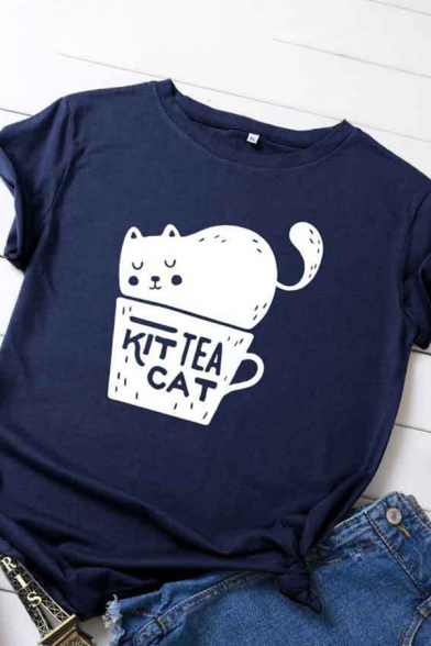 Lovely Girls Rolled Short Sleeve Round Neck Letter Cat Cup Graphic Slim Fit T-Shirt