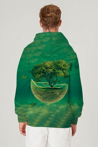 Popular Long Sleeve Drawstring Zip Up Tree 3D Print Loose Fit Hoodie in Green