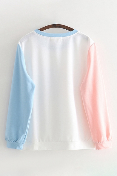 Pretty Girls Long Sleeve Round Neck Letter PINK NIGHT Rabbit Graphic Color Block Loose Fitted Pullover Sweatshirt in White
