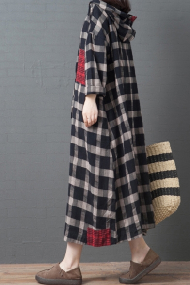 Trendy Black Long Sleeve Hooded Drawstring Plaid Patterned Patched Linen and Cotton Maxi Oversize Dress for Girls