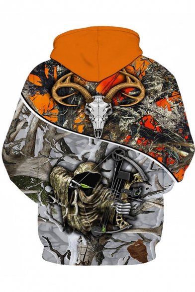 Trendy Boys Long Sleeve Drawstring Hunting Deer 3D Pattern Colorblocked Relaxed Fit Hoodie