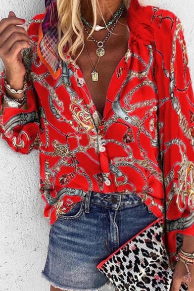 Trendy Ladies Long Sleeve Lapel Neck Button Down All Over Chain Printed Relaxed Shirt