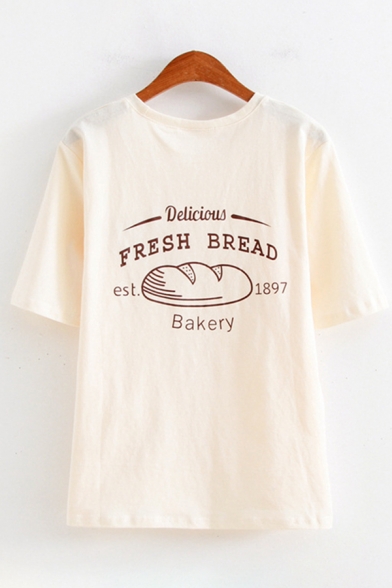 Trendy Womens Short Sleeve Round Neck Letter FRESH BREAD Bread Graphic Loose Fit T-Shirt