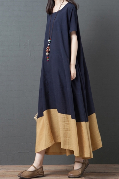 Vintage Womens Short Sleeve Round Neck Color Block Linen and Cotton Maxi Oversize Tee Dress in Navy