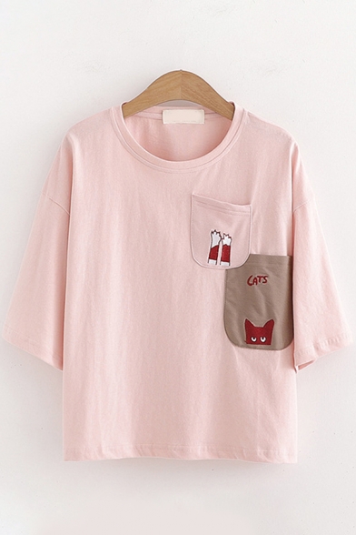 Womens Lovely Short Sleeve Round Neck Cat Letter Embroidery Patched Pocket Relaxed T Shirt