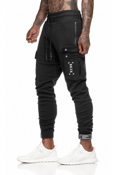Active Guys Drawstring Waist Flap Pockets Letter BRZK Ankle Fitted Sweatpants
