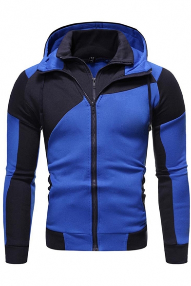 Active Guys Long Sleeve Hooded Zip Up Bi-Layered Color Block Fitted Hoodie