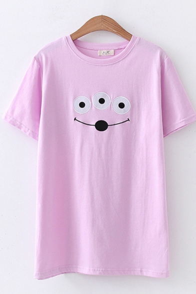 Casual Womens Short Sleeve Round Neck Cartoon Face Embroidered Loose Fit T-Shirt