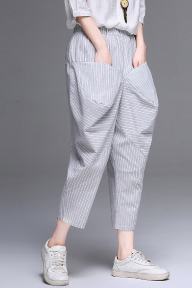 

Chic Simple Womens Elastic Waist Stripe Printed Patched Pocket Linen and Cotton Ankle Length Oversize Pants, Dark gray;light gray, LM607585