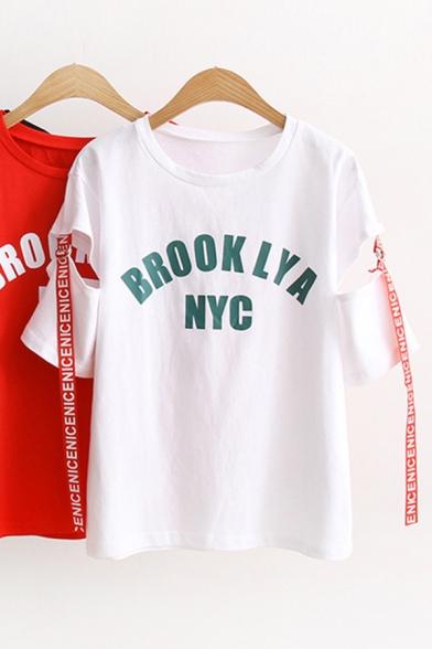 Chic Streetwear Girls Short Sleeve Round Neck Letter BROOKLYA NYC Stripes Cut Out Relaxed Tee