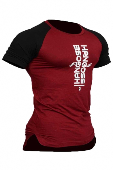 Classic Mens Short Sleeve Crew Neck Letter HANGOSE Printed Color Block Slim Fitted T-Shirt
