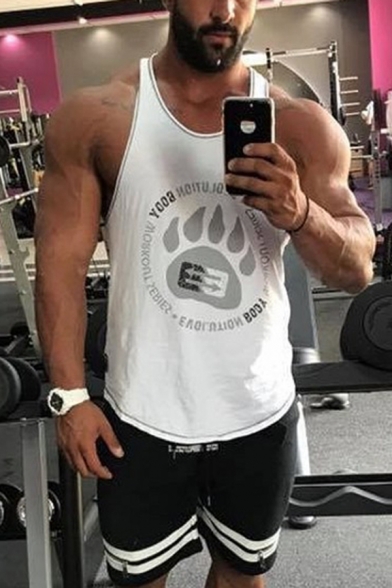 Cool Gym Mens Sleeveless Round Neck Letter EVOLUTION BODY Graphic Contrast Piped Curved Hem Relaxed Tank