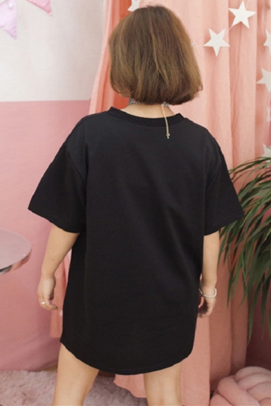 Cool Popular Girls Black Short Sleeve Crew Neck Cat Patterned Oversize T Shirt