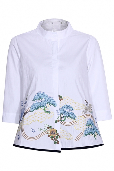 Ethnic Ladies Long Sleeve Stand Collar Flower Embroidered Contrast Piped Loose Fit Shirt in White
