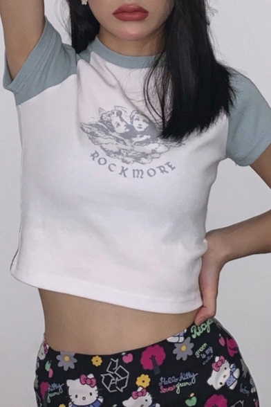 Exclusive Womens Short Sleeve Crew Neck Angel Printed Letter ROCKMORE Graphic Knitted Slim Fit T-Shirt in White