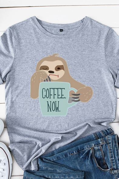 Fancy Girls Roll Up Sleeve Round Neck Letter COFFEE NOW Sloth Graphic Regular Fit T-Shirt